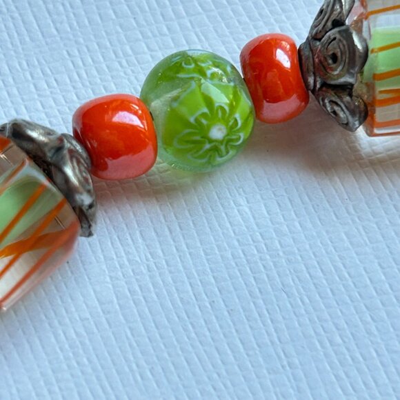 Handcrafted Artisan Orange & Green Glass Bead Bracelet Toggle Clasp - Picture 6 of 7